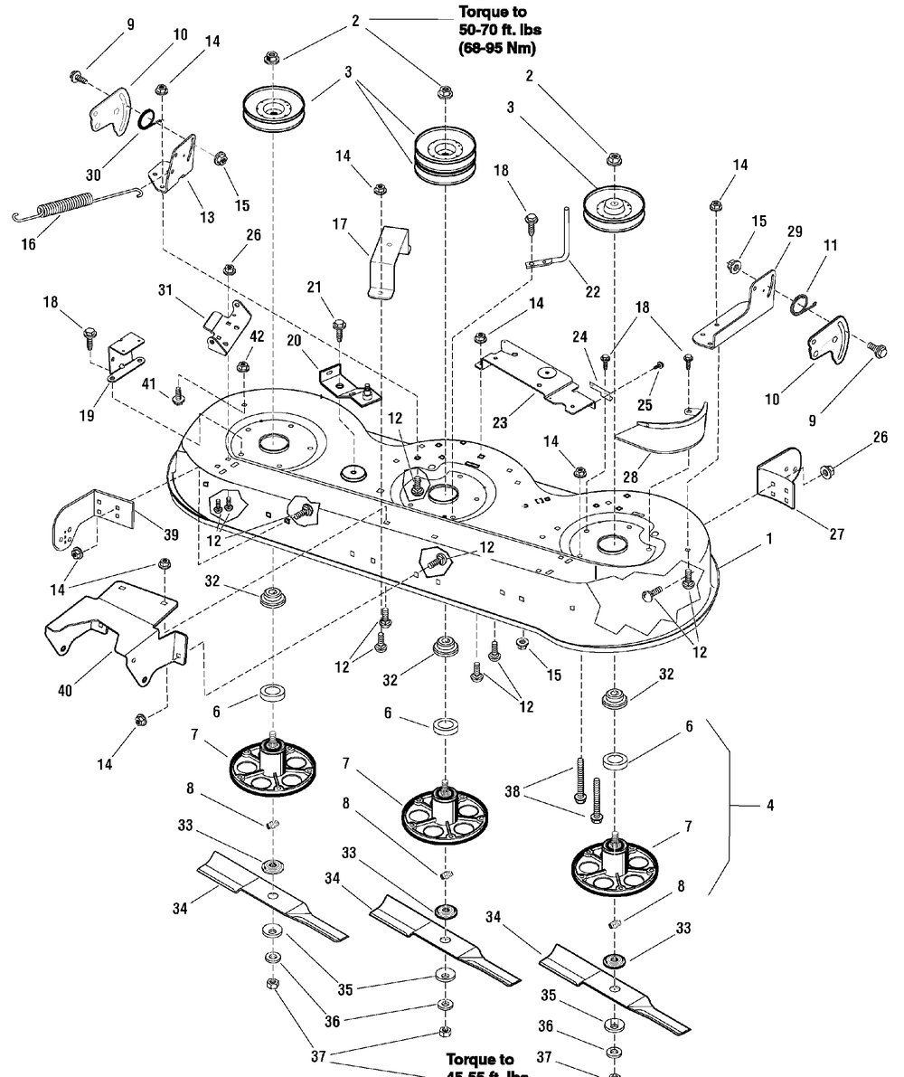 46" Mower Deck - Housing, Arbors And Blade Diagram and Parts List for 7800568-RT195460 2009 Briggs and Stratton Lawn Tractor